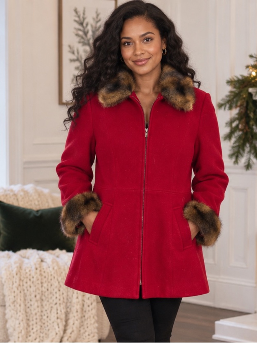 MDP Mario De Pinto Red Wool Coat Size M Faux Fur Trim Made in USA Full Zip